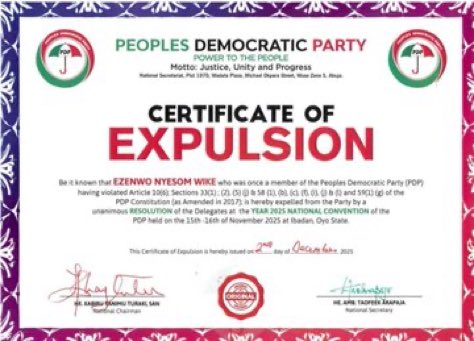 PDP Issues Certificates Of Expulsion To Wike, Fayose, Ohuabunwa, Others